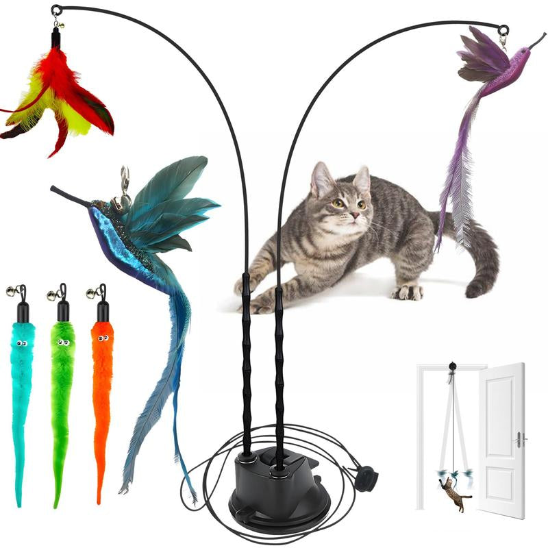 2 Wands with Base & 6 Feather Interactive Cat Toy Set